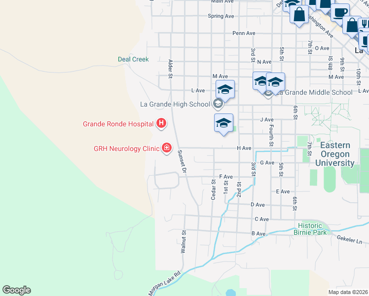 map of restaurants, bars, coffee shops, grocery stores, and more near 404 H Avenue in La Grande