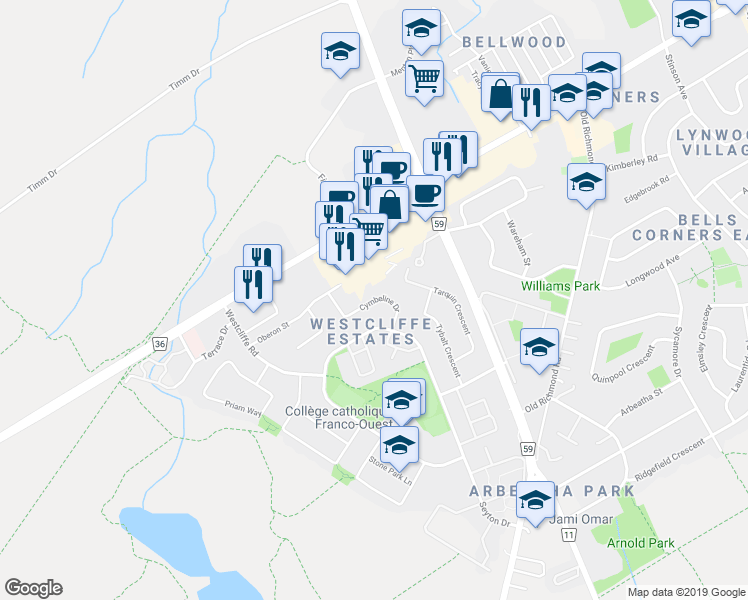 map of restaurants, bars, coffee shops, grocery stores, and more near Cymbeline Drive in Ottawa