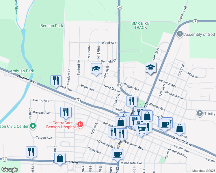 map of restaurants, bars, coffee shops, grocery stores, and more near 308 17th Street North in Benson