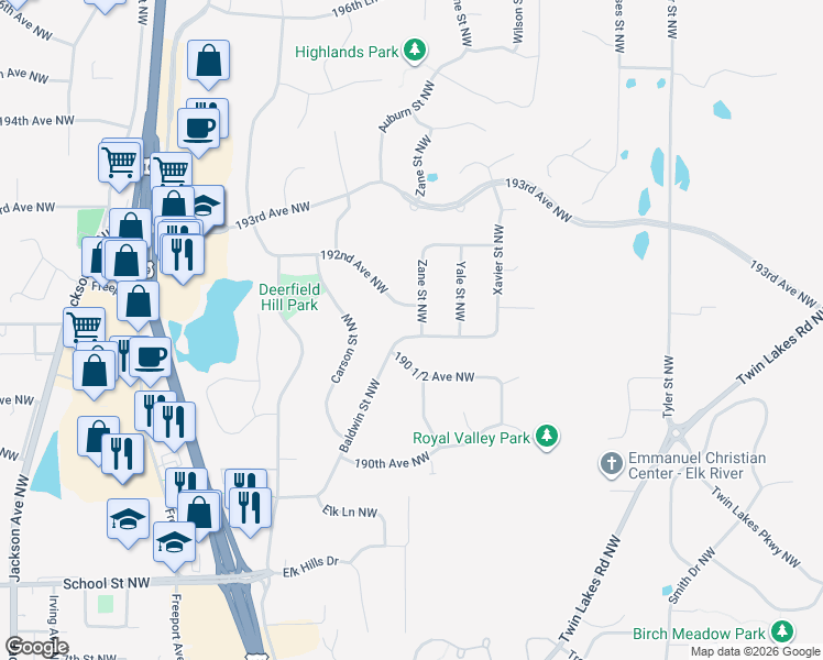 map of restaurants, bars, coffee shops, grocery stores, and more near 19097 Baldwin Street Northwest in Elk River