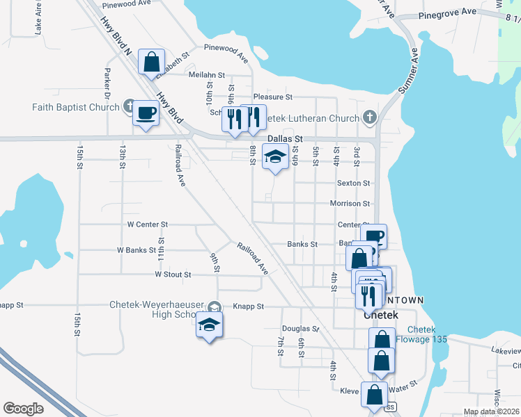 map of restaurants, bars, coffee shops, grocery stores, and more near 1111 8th Street in Chetek