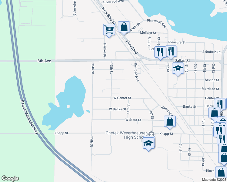 map of restaurants, bars, coffee shops, grocery stores, and more near 1124 13th Street in Chetek