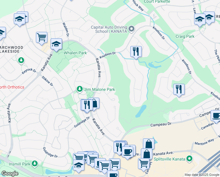 map of restaurants, bars, coffee shops, grocery stores, and more near 17 Longboat Court in Ottawa