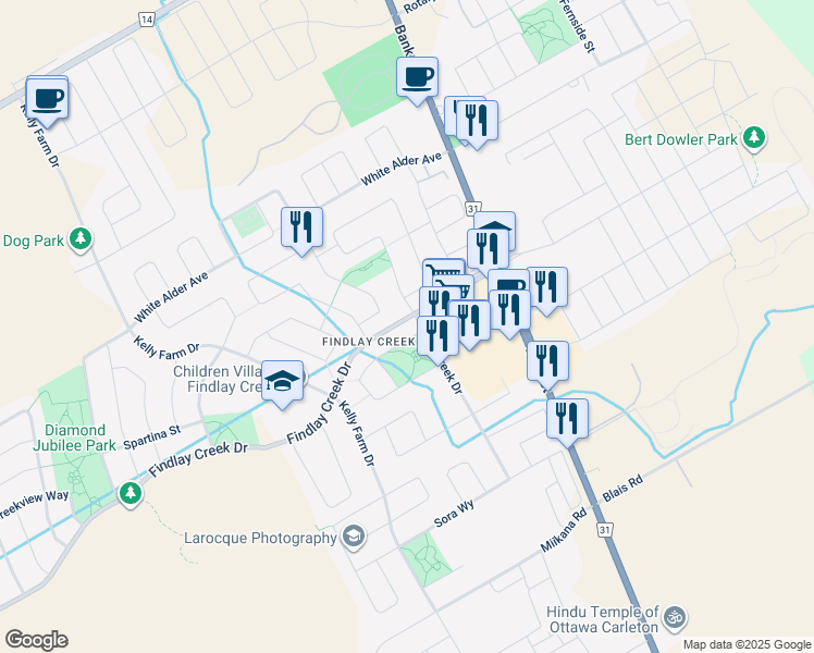 map of restaurants, bars, coffee shops, grocery stores, and more near 3148 Findlay Creek Drive in Ottawa