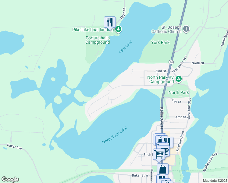 map of restaurants, bars, coffee shops, grocery stores, and more near 272 Arlington Drive in Amery
