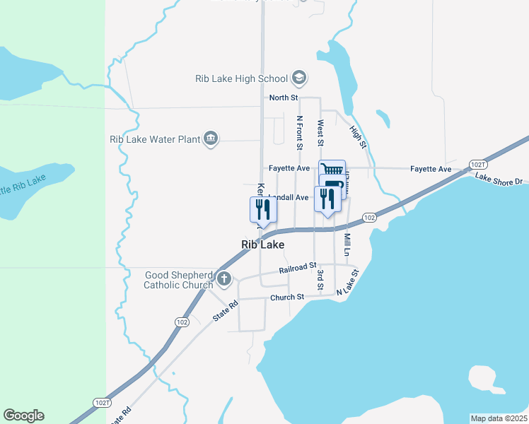 map of restaurants, bars, coffee shops, grocery stores, and more near 808 Kennedy Street in Rib Lake