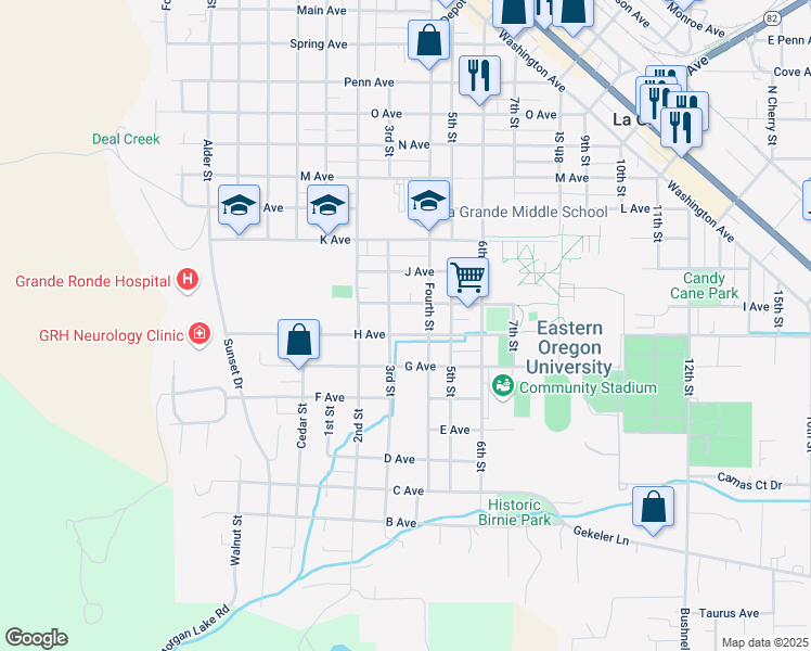 map of restaurants, bars, coffee shops, grocery stores, and more near 905 3rd Street in La Grande