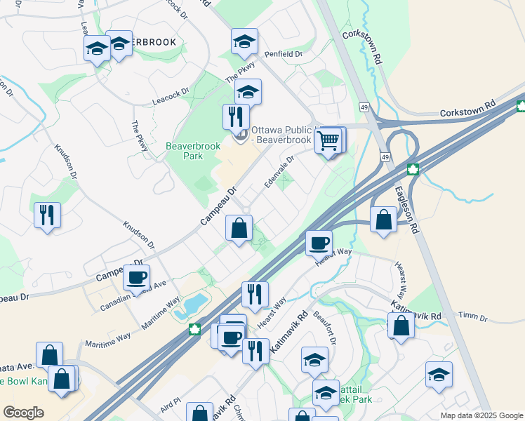 map of restaurants, bars, coffee shops, grocery stores, and more near 46 Kettleby Street in Ottawa
