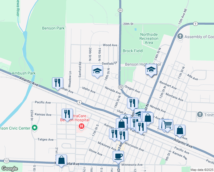 map of restaurants, bars, coffee shops, grocery stores, and more near 410 18th Street North in Benson
