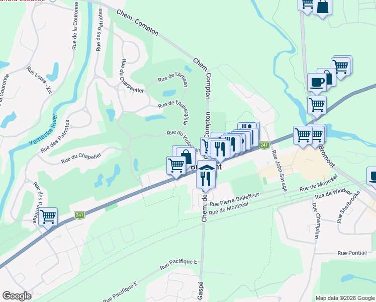 map of restaurants, bars, coffee shops, grocery stores, and more near 891 Rue du Violoneux in Bromont