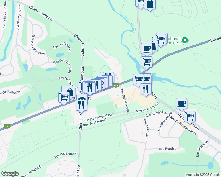 map of restaurants, bars, coffee shops, grocery stores, and more near 617 Rue Shefford in Bromont