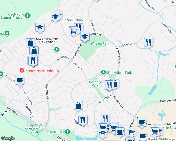 map of restaurants, bars, coffee shops, grocery stores, and more near 29 Nortoba Crescent in Ottawa