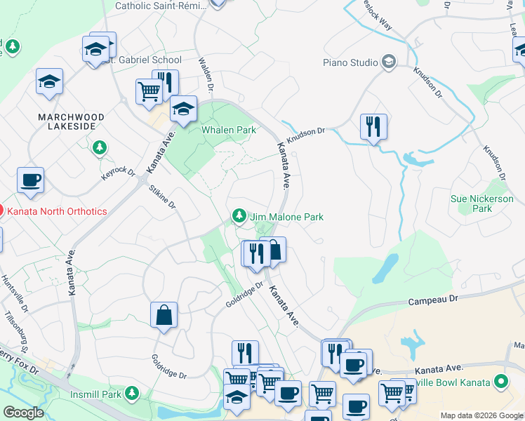 map of restaurants, bars, coffee shops, grocery stores, and more near 3 Kalbrook Street in Ottawa