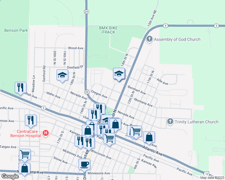 map of restaurants, bars, coffee shops, grocery stores, and more near 14th Street North in Benson