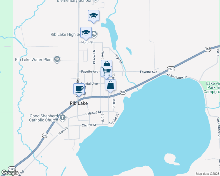 map of restaurants, bars, coffee shops, grocery stores, and more near 806 Mc Comb Avenue in Rib Lake