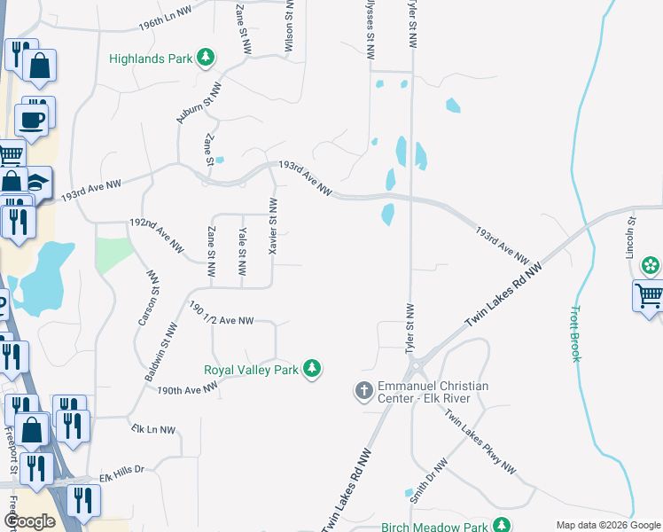 map of restaurants, bars, coffee shops, grocery stores, and more near 8500 Odean Avenue Northeast in Otsego