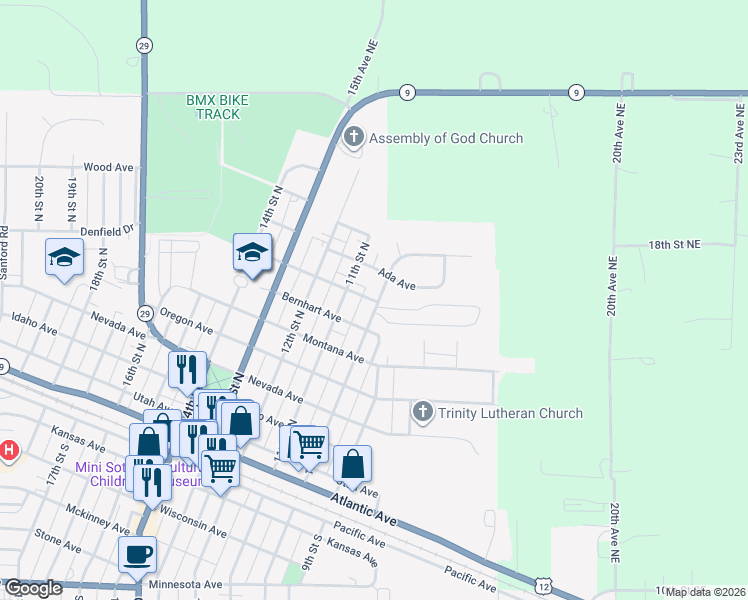 map of restaurants, bars, coffee shops, grocery stores, and more near 801 10th Street North in Benson