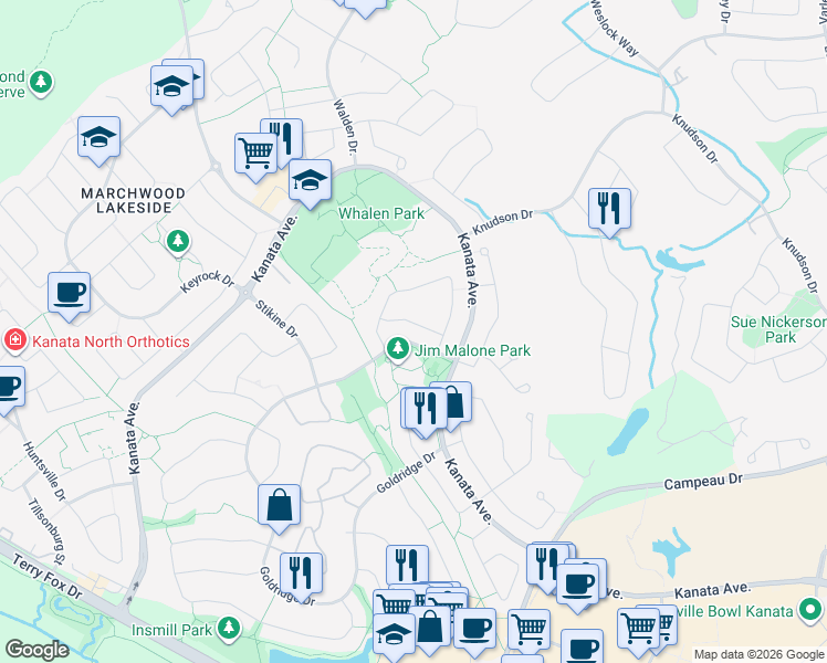 map of restaurants, bars, coffee shops, grocery stores, and more near 23 Kalbrook Street in Ottawa