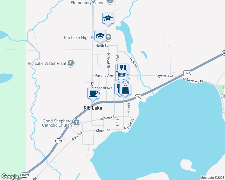 map of restaurants, bars, coffee shops, grocery stores, and more near 1106 Landall Avenue in Rib Lake