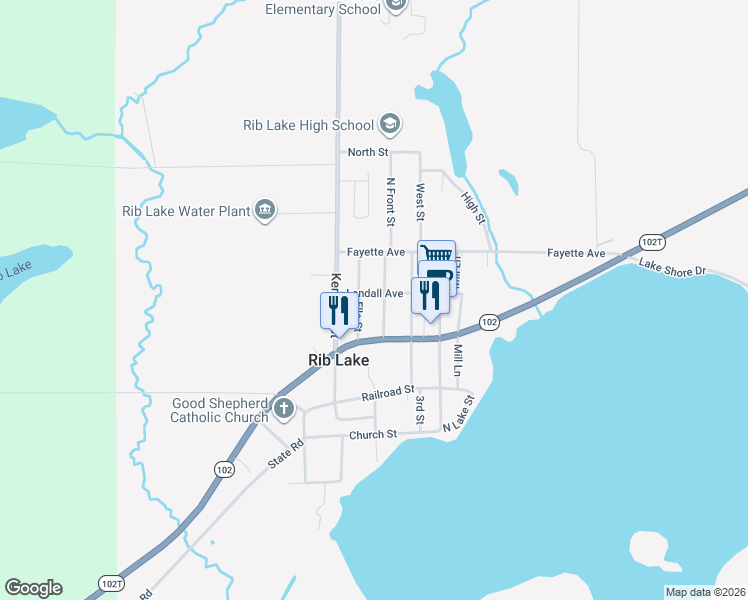 map of restaurants, bars, coffee shops, grocery stores, and more near 1212 Landall Avenue in Rib Lake
