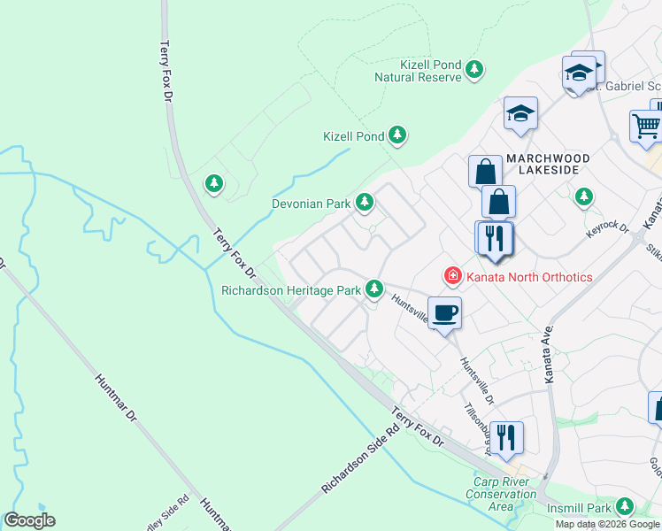 map of restaurants, bars, coffee shops, grocery stores, and more near 373 Huntsville Drive in Ottawa