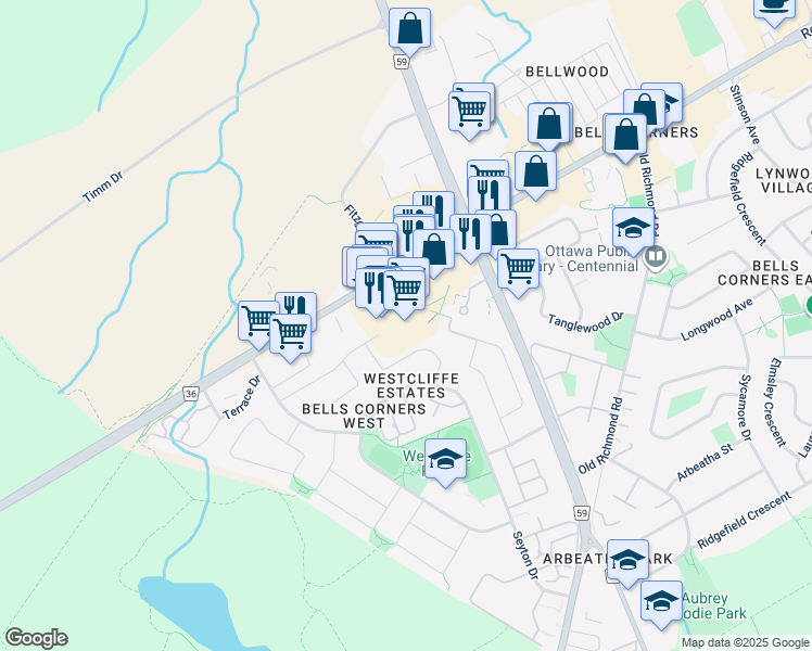 map of restaurants, bars, coffee shops, grocery stores, and more near in Ottawa