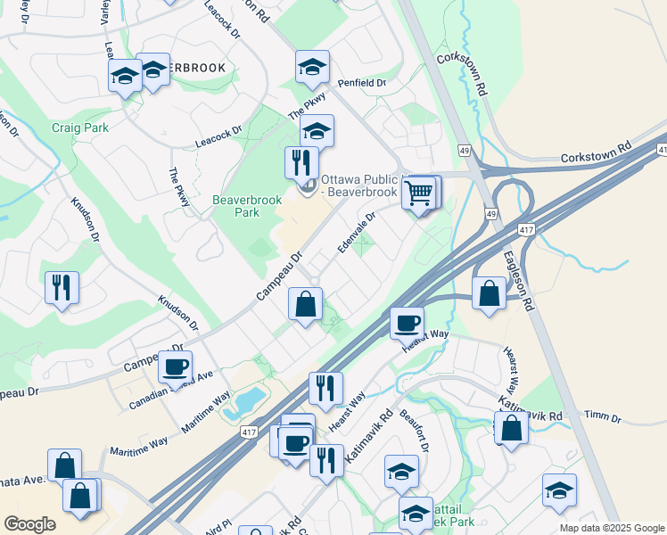 map of restaurants, bars, coffee shops, grocery stores, and more near 46 Kettleby Street in Ottawa