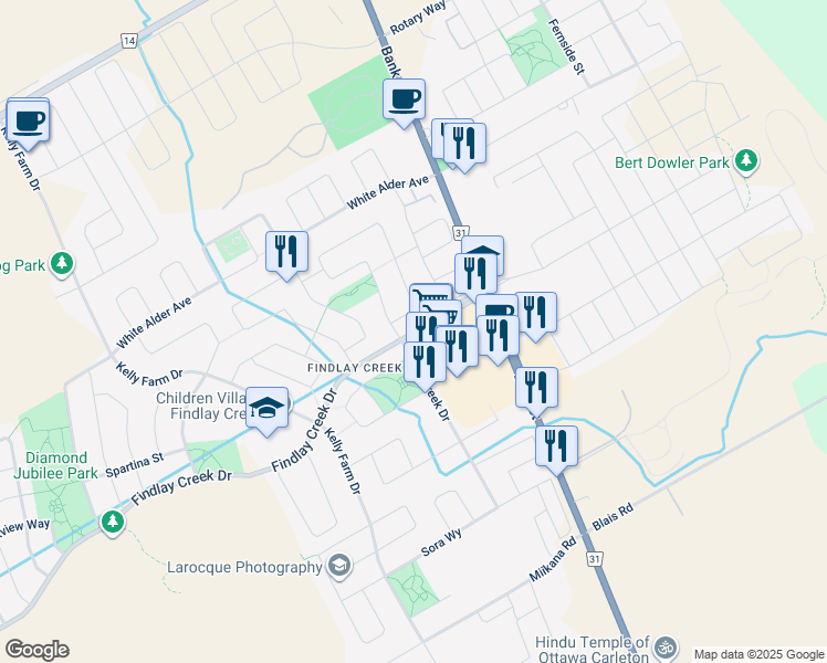 map of restaurants, bars, coffee shops, grocery stores, and more near 3159 Findlay Creek Drive in Ottawa