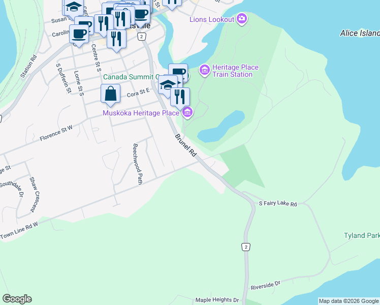 map of restaurants, bars, coffee shops, grocery stores, and more near 97 Muskoka District Road 2 in Huntsville