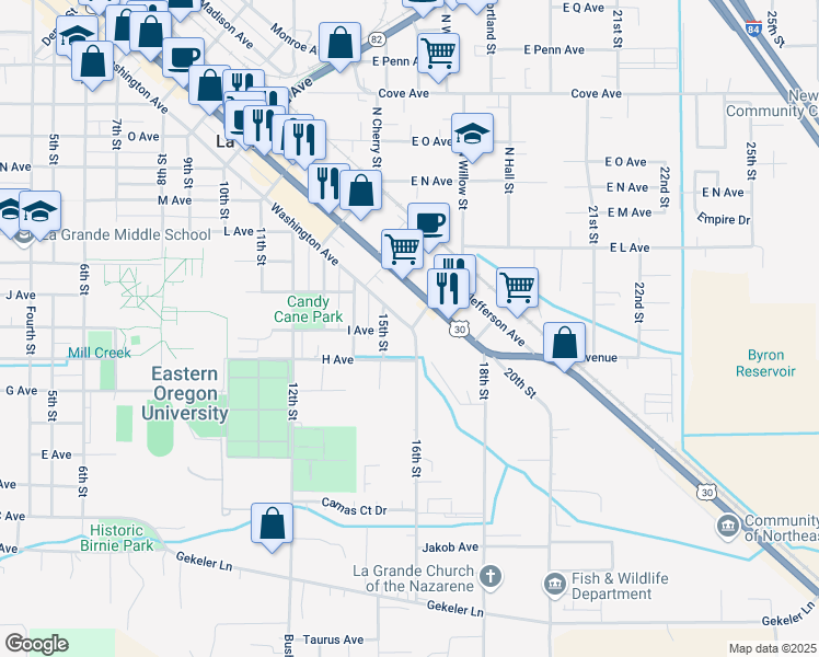 map of restaurants, bars, coffee shops, grocery stores, and more near in La Grande