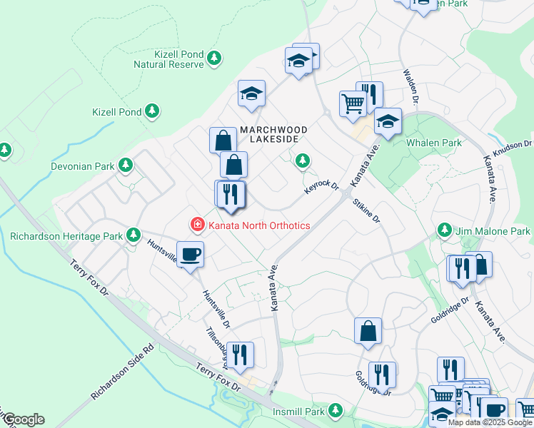 map of restaurants, bars, coffee shops, grocery stores, and more near 54 Akenhead Crescent in Ottawa