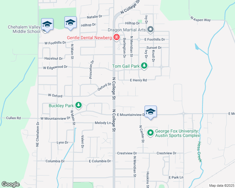 map of restaurants, bars, coffee shops, grocery stores, and more near 705 Dartmouth Street in Newberg