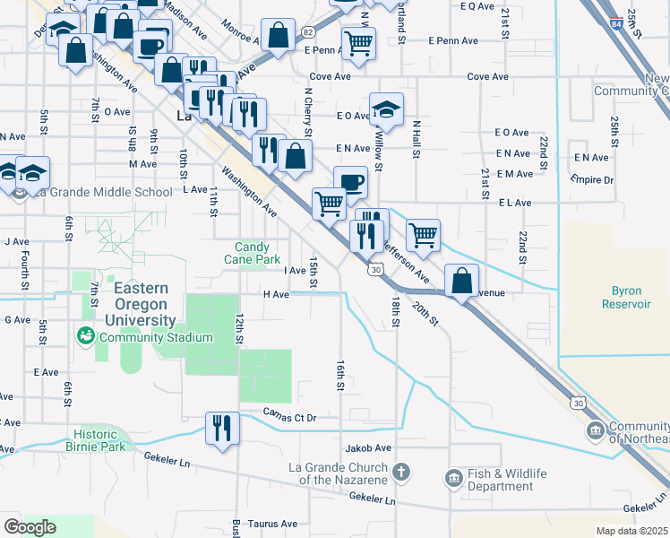 map of restaurants, bars, coffee shops, grocery stores, and more near in La Grande