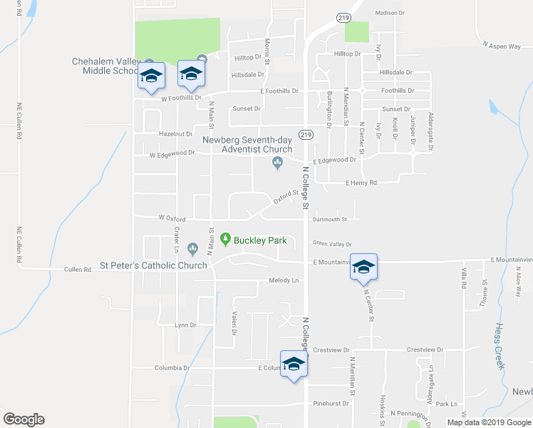 map of restaurants, bars, coffee shops, grocery stores, and more near 500 Oxford Street in Newberg