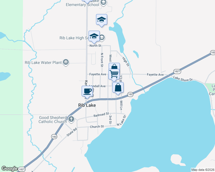 map of restaurants, bars, coffee shops, grocery stores, and more near 1106 Landall Avenue in Rib Lake