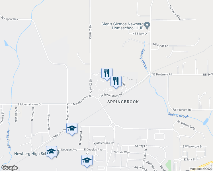 map of restaurants, bars, coffee shops, grocery stores, and more near 2525 Allison Lane in Newberg