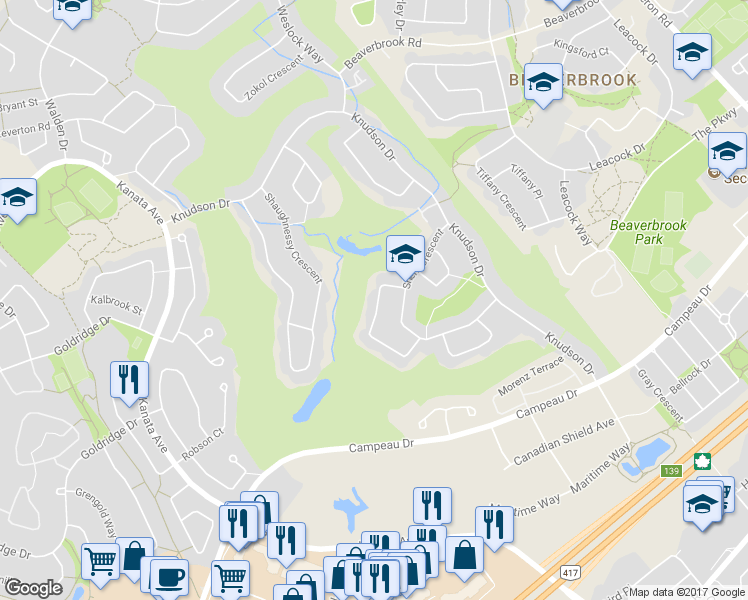 map of restaurants, bars, coffee shops, grocery stores, and more near 44 Rosenfeld Crescent in Ottawa