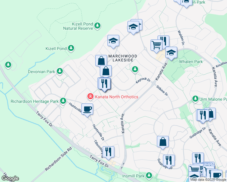 map of restaurants, bars, coffee shops, grocery stores, and more near 54 Akenhead Crescent in Ottawa