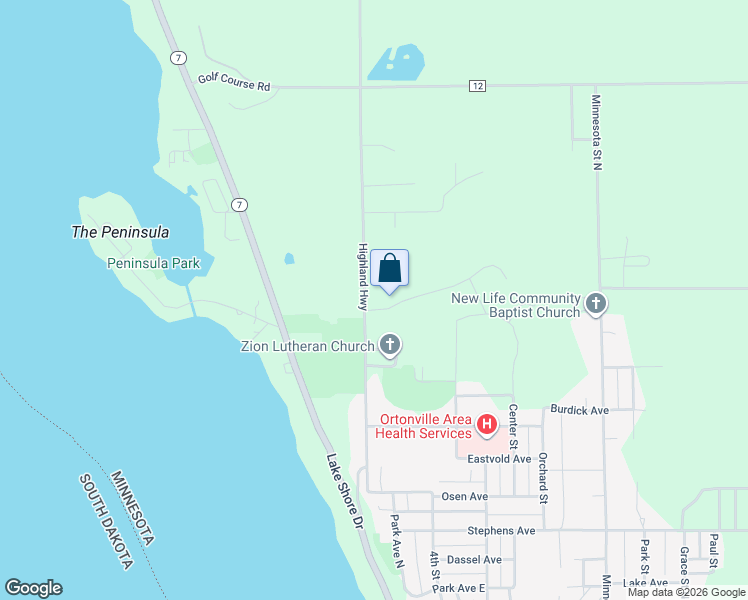 map of restaurants, bars, coffee shops, grocery stores, and more near 902 Highland Highway in Ortonville