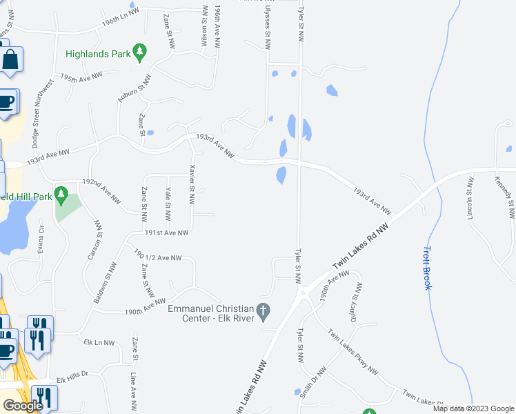 map of restaurants, bars, coffee shops, grocery stores, and more near 19118 Tyler Street Northwest in Elk River