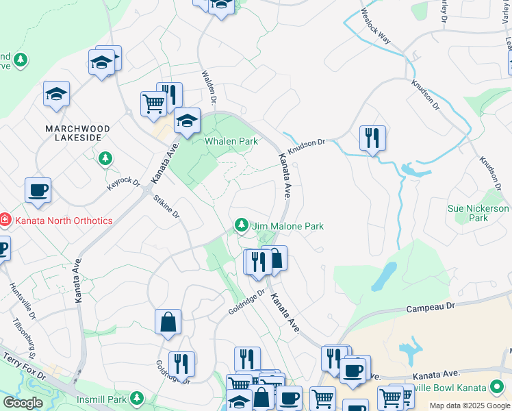 map of restaurants, bars, coffee shops, grocery stores, and more near 22 Kalbrook Street in Ottawa