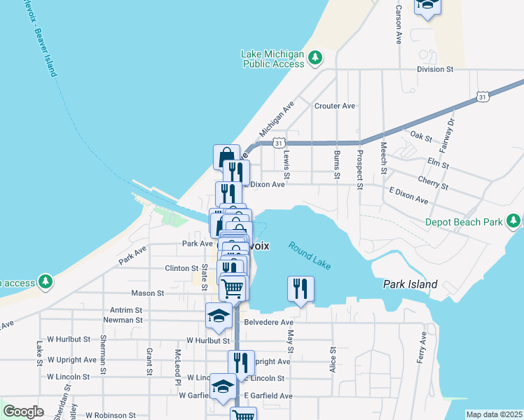 map of restaurants, bars, coffee shops, grocery stores, and more near 4 Thistle Downs Drive in Charlevoix