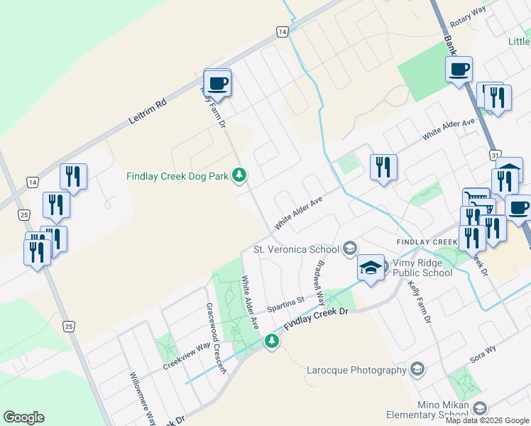 map of restaurants, bars, coffee shops, grocery stores, and more near 4027 Kelly Farm Drive in Ottawa