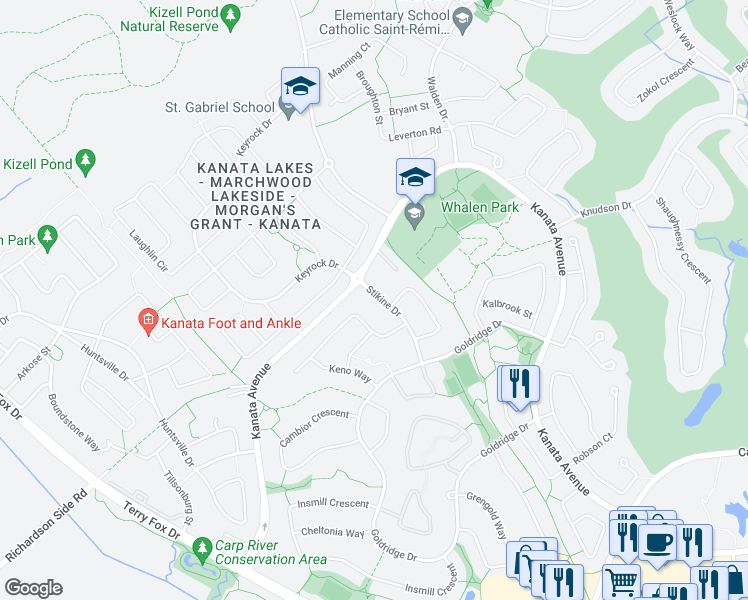 map of restaurants, bars, coffee shops, grocery stores, and more near 47 Stikine Drive in Ottawa