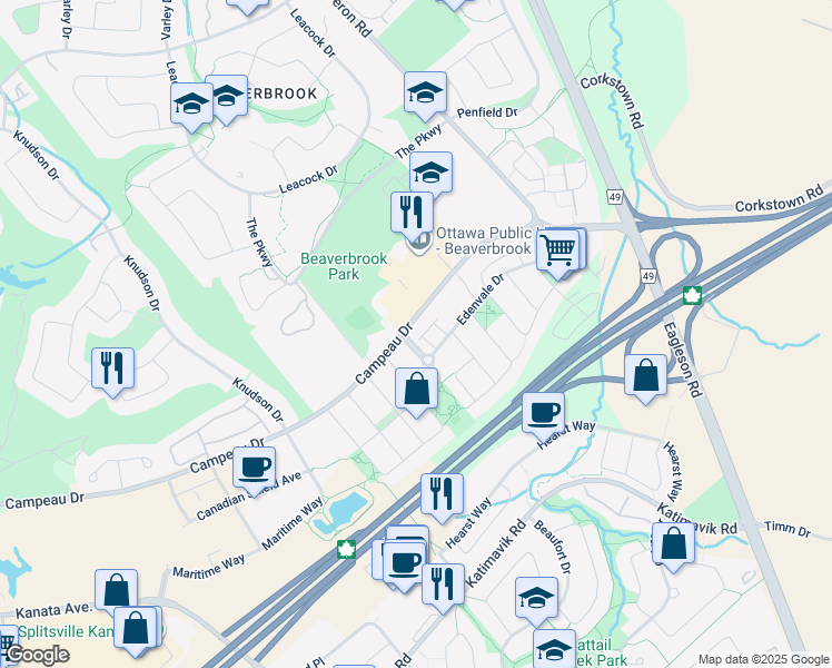 map of restaurants, bars, coffee shops, grocery stores, and more near 90 Edenvale Drive in Ottawa