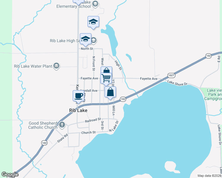 map of restaurants, bars, coffee shops, grocery stores, and more near 806 Mc Comb Avenue in Rib Lake