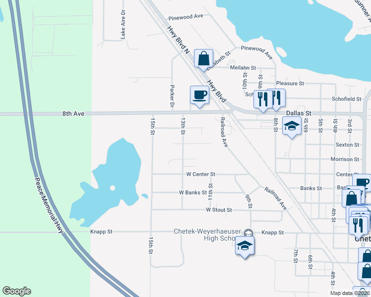 map of restaurants, bars, coffee shops, grocery stores, and more near 1124 13th Street in Chetek