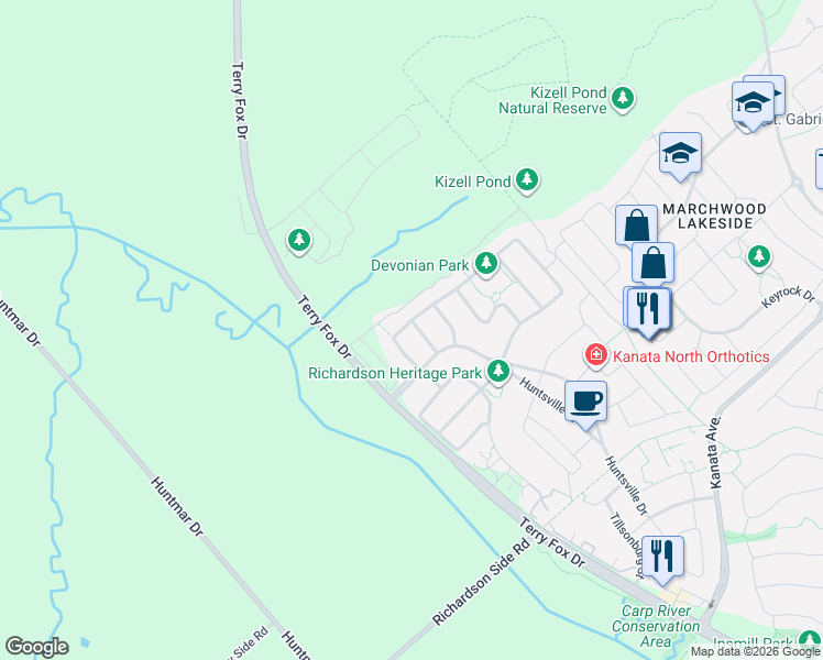 map of restaurants, bars, coffee shops, grocery stores, and more near 131 Escarpment Crescent in Ottawa