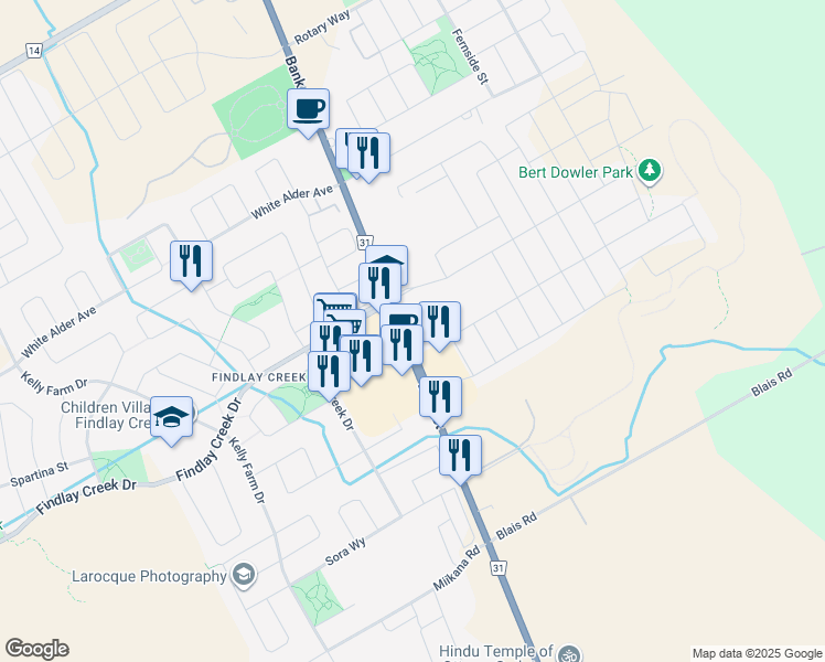 map of restaurants, bars, coffee shops, grocery stores, and more near 4787 Bank Street in Ottawa