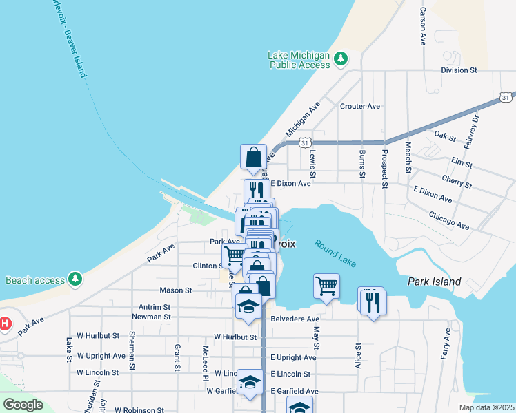 map of restaurants, bars, coffee shops, grocery stores, and more near 2-66 Michigan Avenue in Charlevoix